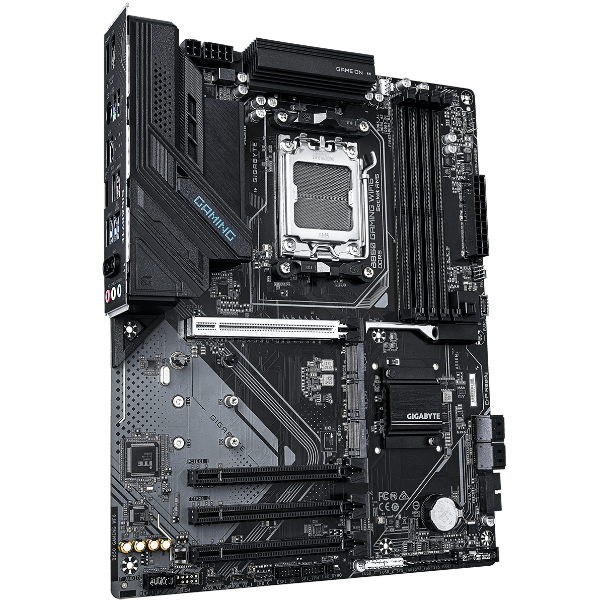 Gigabyte B850 Gaming WiFi6 вид 3/4 — слоты PCIe 5.0, разъёмы питания ATX 24-pin и EPS 8+4 pin