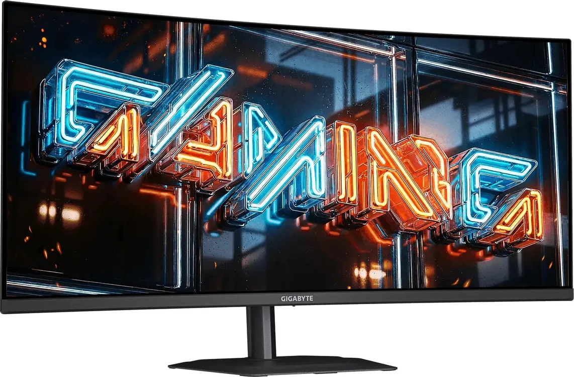 GIGABYTE MO34WQC36 вид спереди &mdash; ультраширокий QD-OLED монитор с яркой демонстрацией изображения