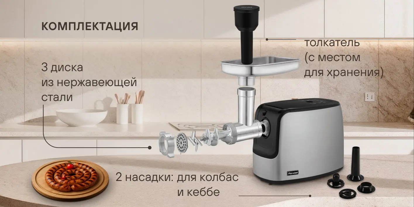 Rondell RDE-1458 — комплект насадок: диски из нержавеющей стали, насадки для колбас и кебаба, толкатель