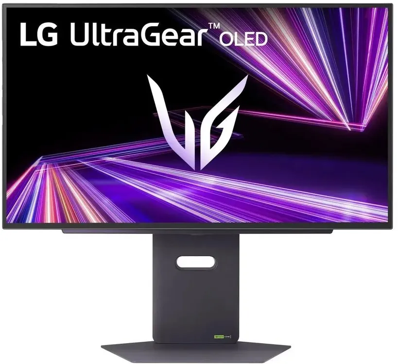 LG 27GX790A-B OLED монитор вид спереди с фиолетово-голубой заставкой на экране