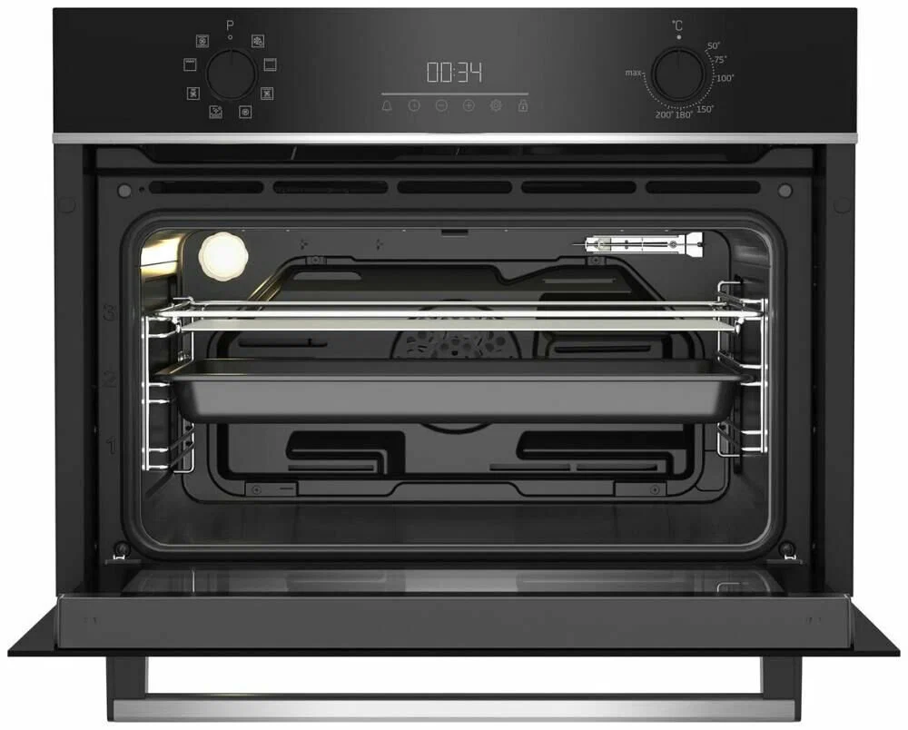Beko BBCM13300X встраиваемый духовой шкаф открытая дверца панель управления с дисплеем