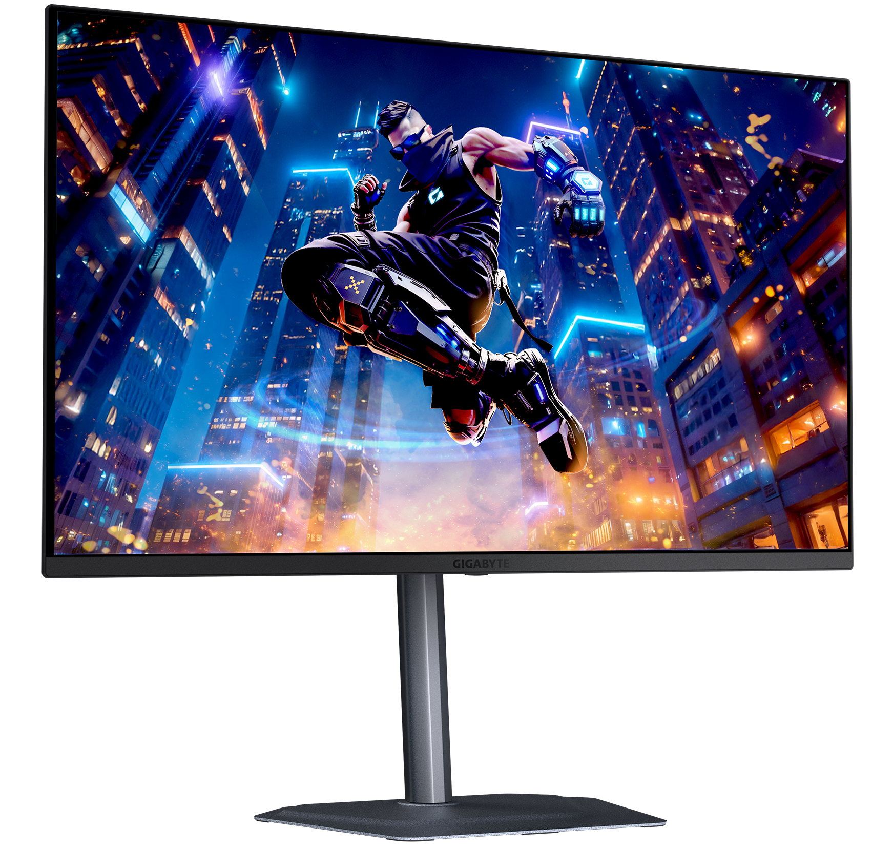 Gigabyte MO32U2 вид спереди игровой контент киберпанк яркая цветопередача QD-OLED
