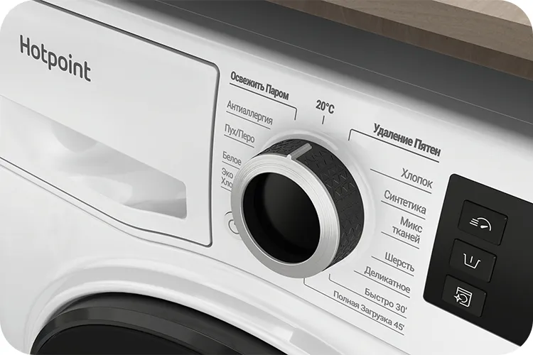 Hotpoint/Ariston NSS 6015 KV RU панель управления с поворотной ручкой и обозначениями программ на русском