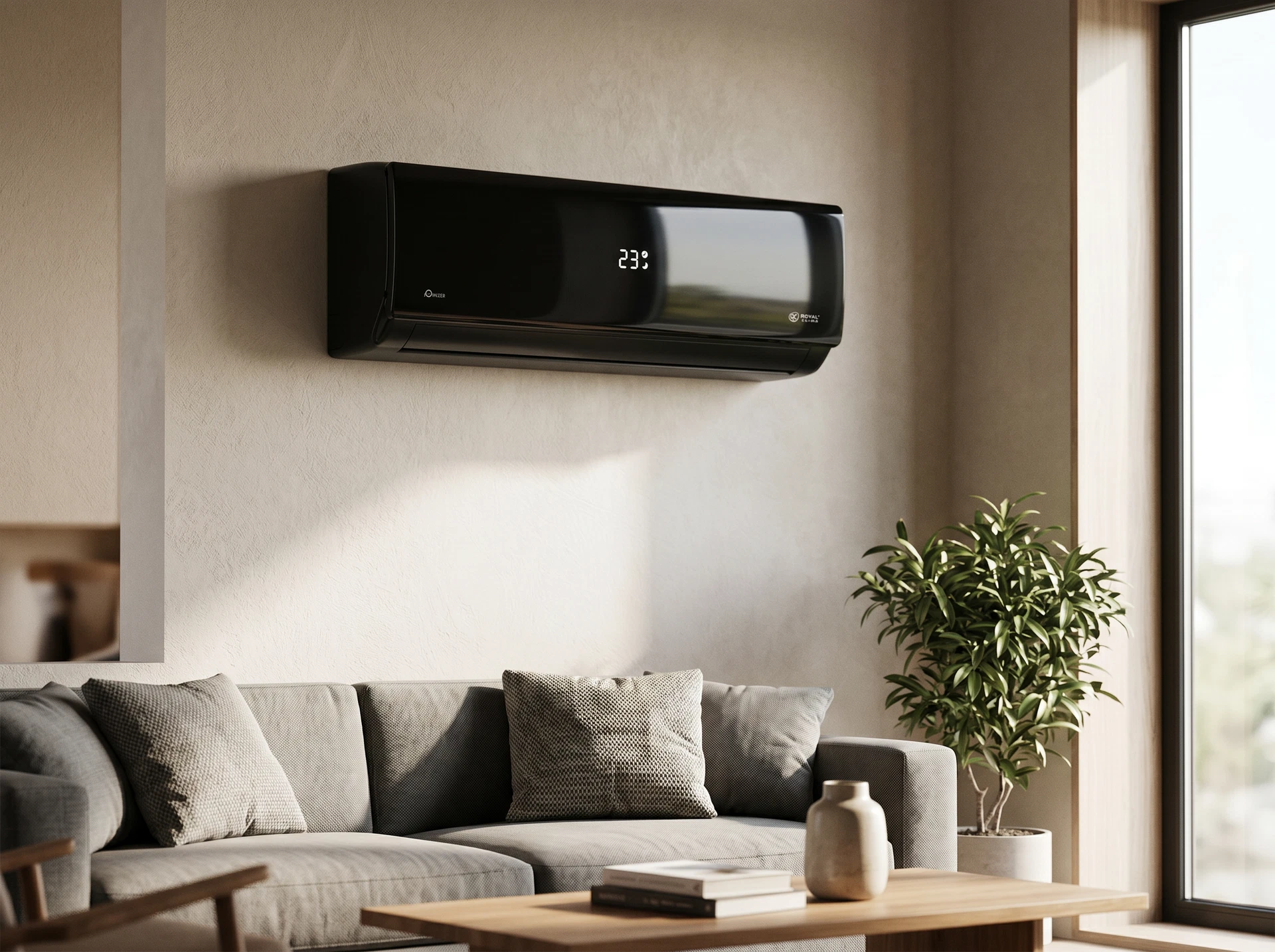 Royal Clima Attica Nero RC-AN35HN в интерьере &mdash; настенный монтаж, чёрный корпус в современной комнате