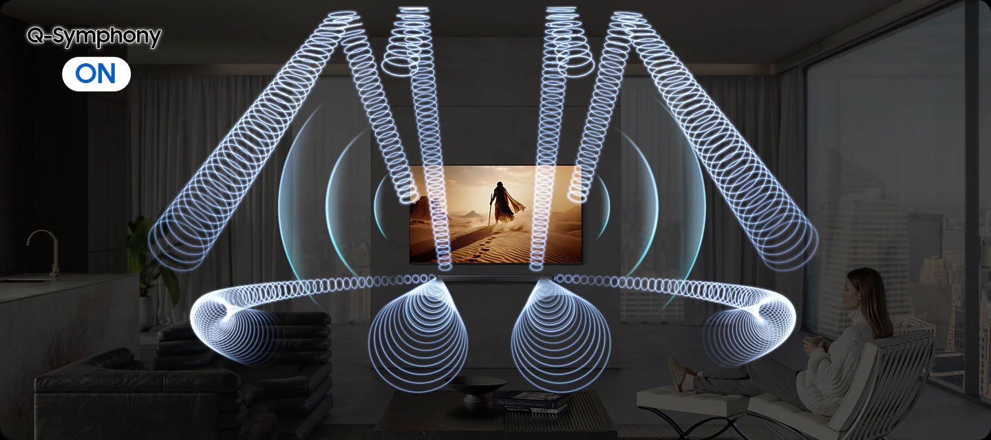 Samsung HW-Q600H с функцией Q-Symphony — саундбар и телевизор Samsung воспроизводят звук синхронно, расширяя общую сцену