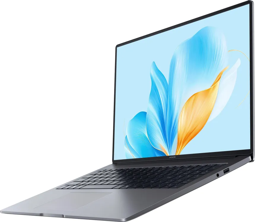 Honor MagicBook X 16 вид сбоку — тонкий алюминиевый корпус 17,9 мм и боковые порты