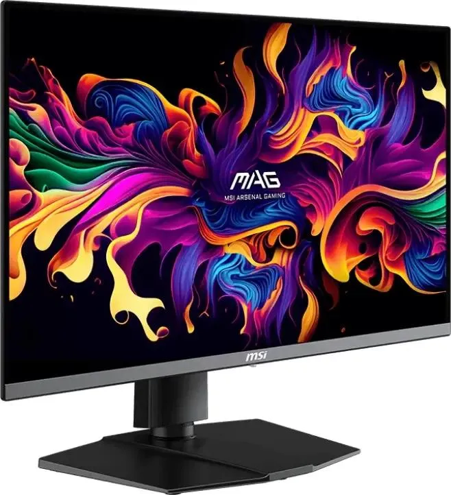 MSI MAG 272UP вид спереди-сбоку на подставке, яркое абстрактное изображение фиолетово-оранжевых тонов