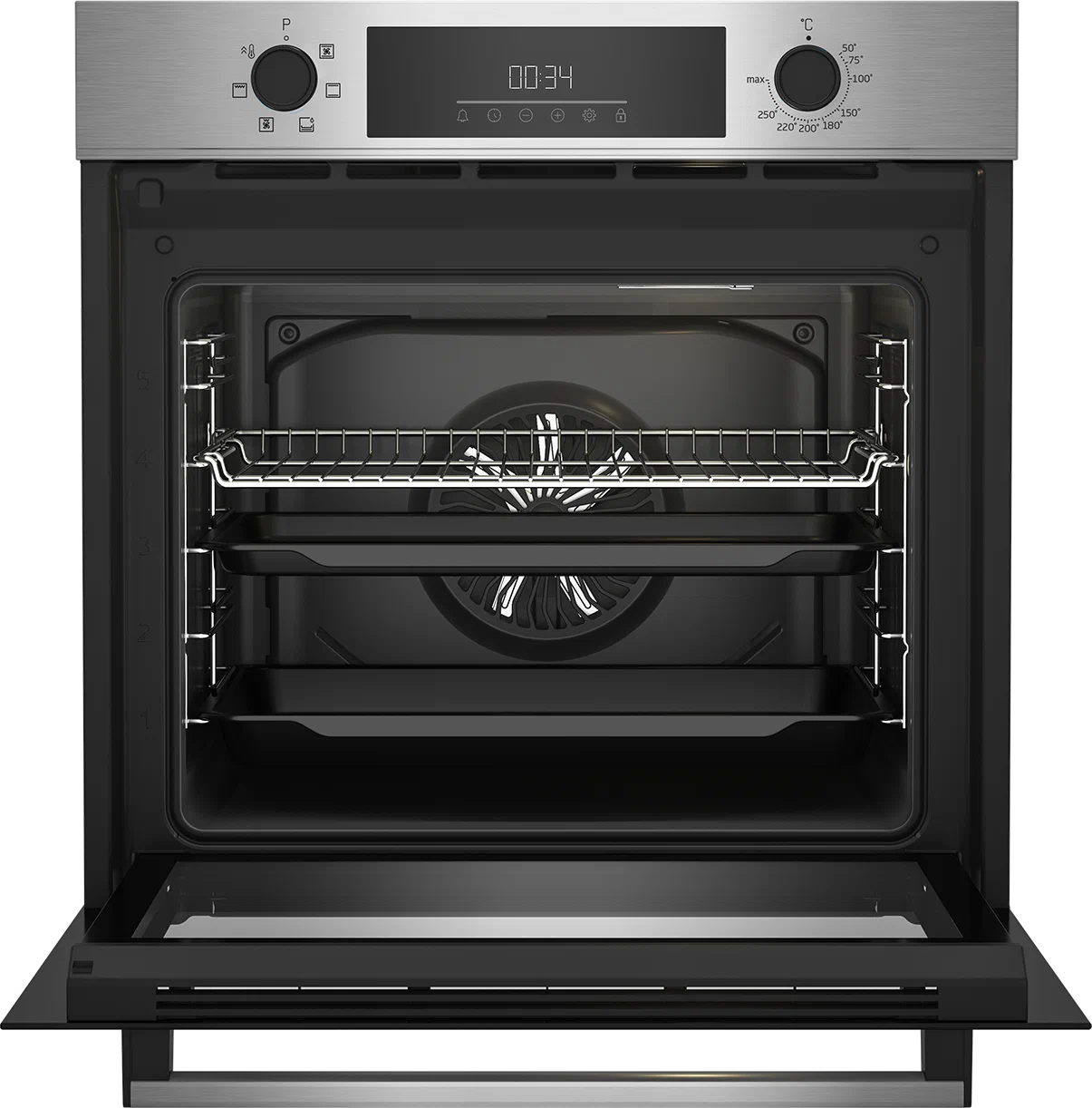Beko BBIE123002XD встраиваемый духовой шкаф с открытой дверцей — вид спереди