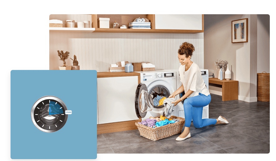 Beko Beyond B3WFR572W фронтальная загрузка — женщина закладывает бельё в открытый барабан