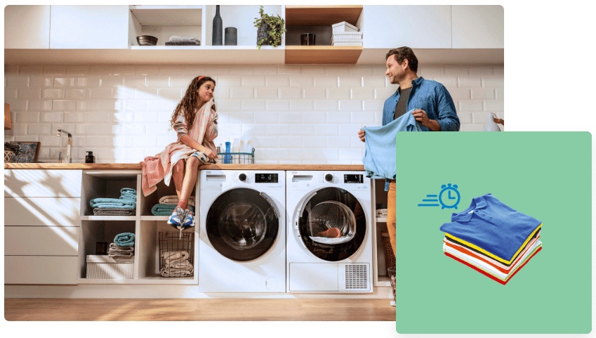 Beko Beyond B3WFR572W в интерьере современной кухни-laundry рядом с сушилкой