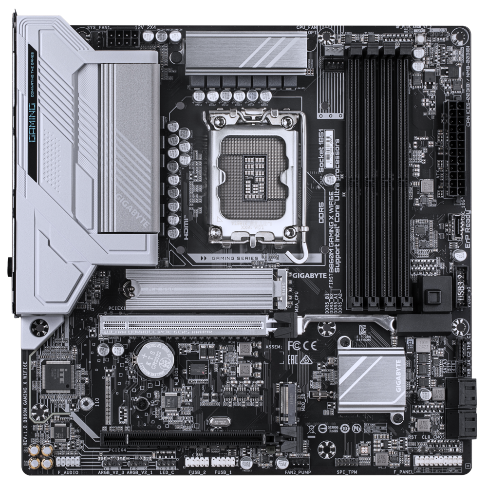 Gigabyte B860M Gaming X WiFi6E вид сверху — сокет LGA 1851, слоты DDR5, разъёмы SATA и питание