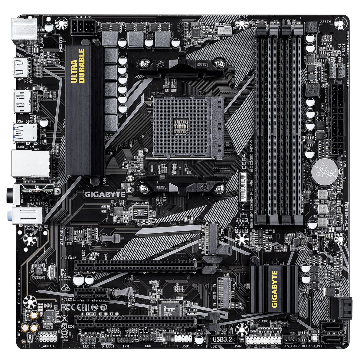 GIGABYTE B550M DS3H AC R2 материнская плата mATX AM4 вид сверху