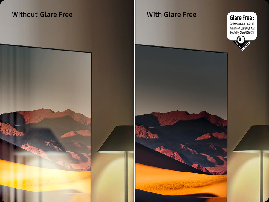 Samsung MRE130R95H Glare Free — сертификат UL Verified, UGR меньше 10, сравнение с экраном без антибликового покрытия