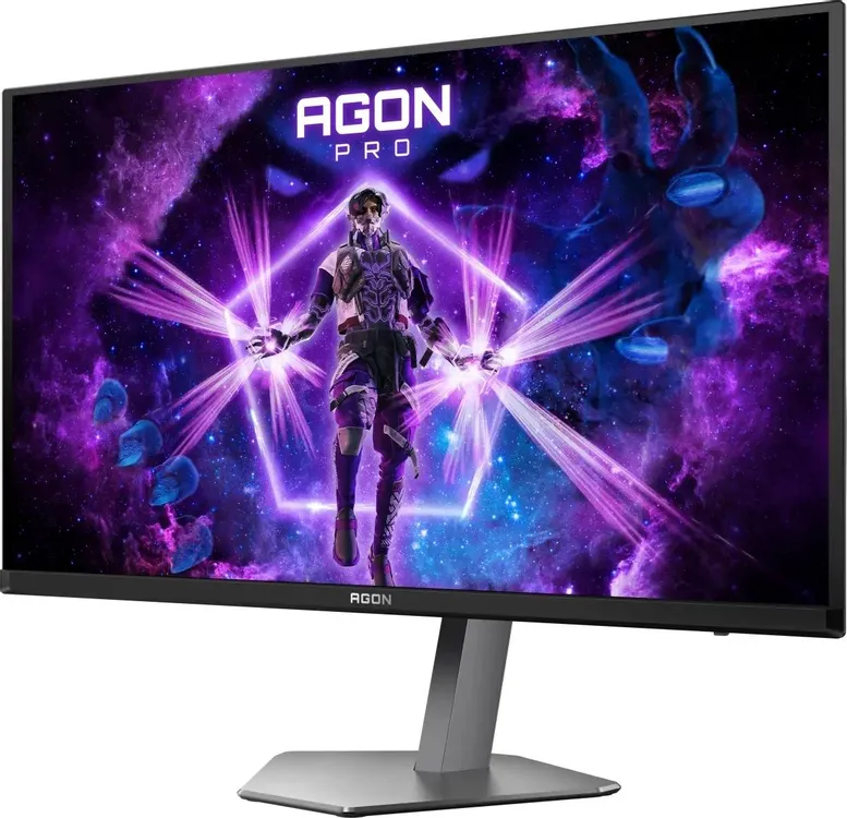AOC AGON AG276QKD2 вид спереди &mdash; регулируемая подставка и QD-OLED экран с геймплейным контентом