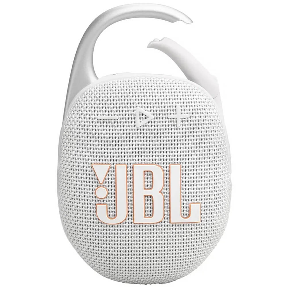 JBL Clip 5 White вид спереди &mdash; белый корпус, карабин и защитная решётка