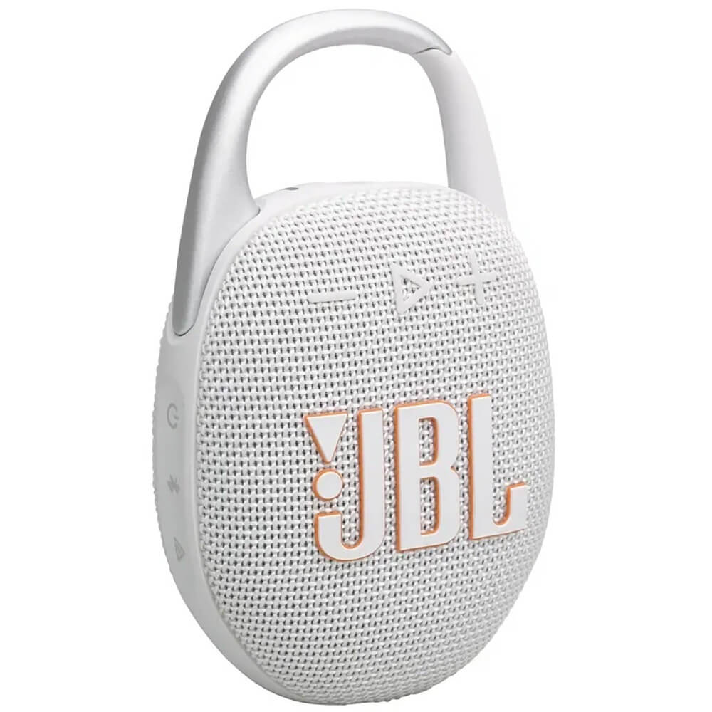 JBL Clip 5 White боковая панель &mdash; кнопки управления и карабин для крепления