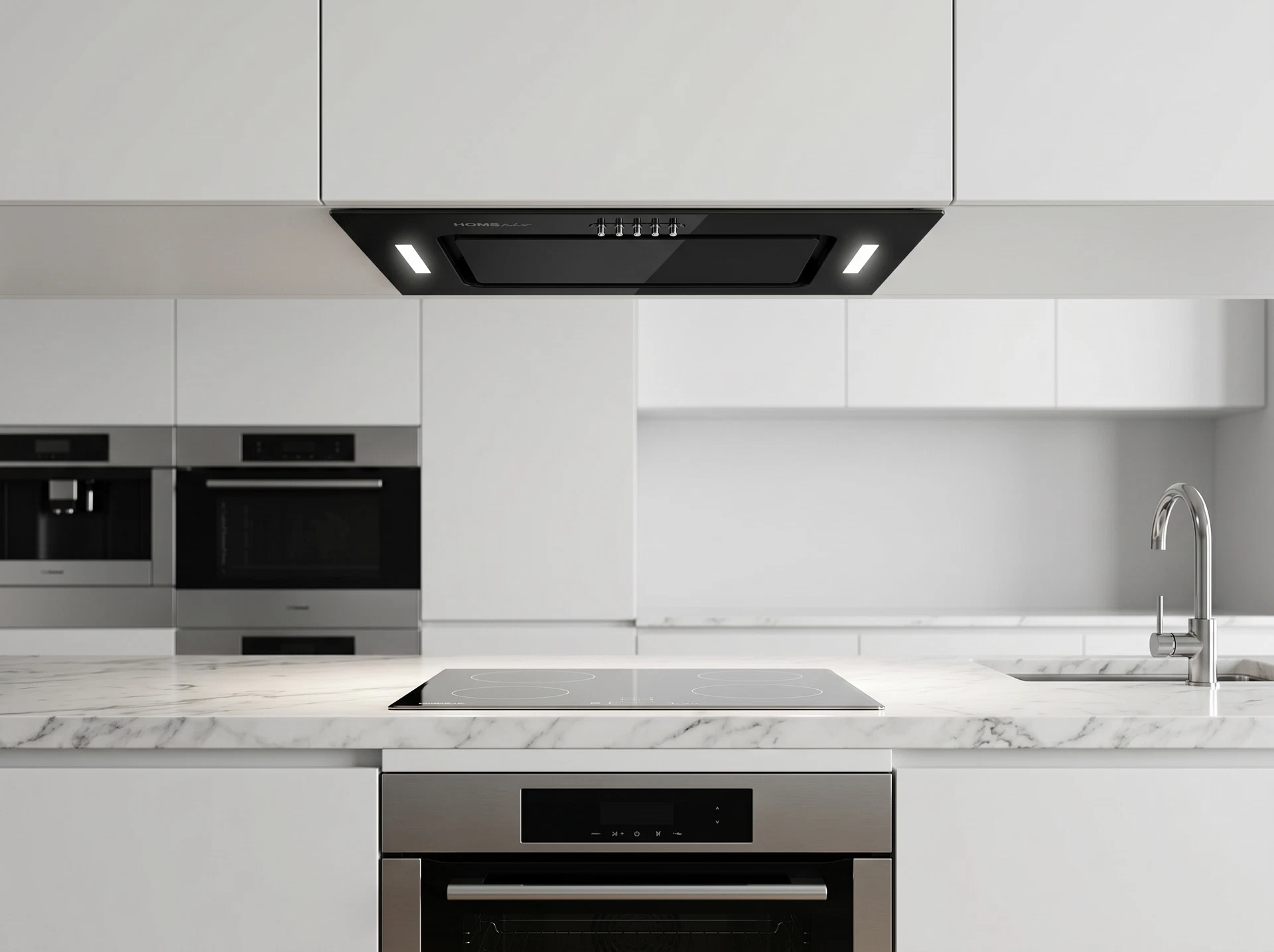 Homsair Crocus Push 52 Glass Black встраиваемая вытяжка в интерьере кухни с тёмным гарнитуром