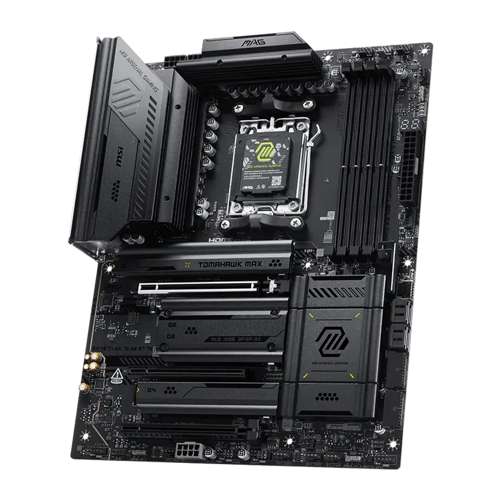 MSI MAG X870E TOMAHAWK MAX WIFI вид сверху — сокет AM5, радиаторы VRM, слоты DDR5 и M.2