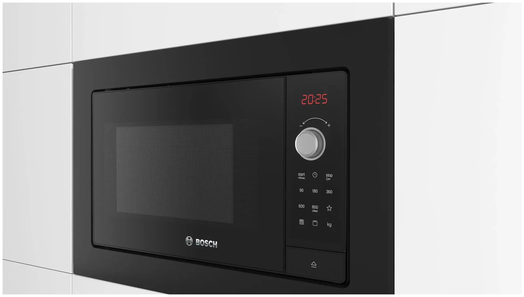 Bosch BEL653MB3 встраиваемая микроволновая печь в интерьере кухни, чёрный фасад с дисплеем