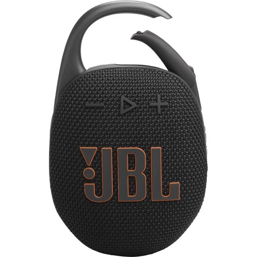 JBL Clip 5 Black вид спереди — овальный корпус с тканевым покрытием, оранжевый логотип JBL и карабин