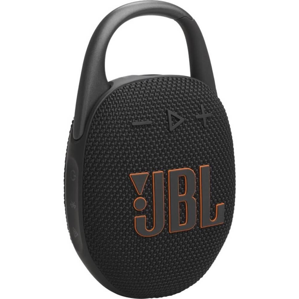 JBL Clip 5 боковой вид — карабин для переноски и тканевое покрытие корпуса