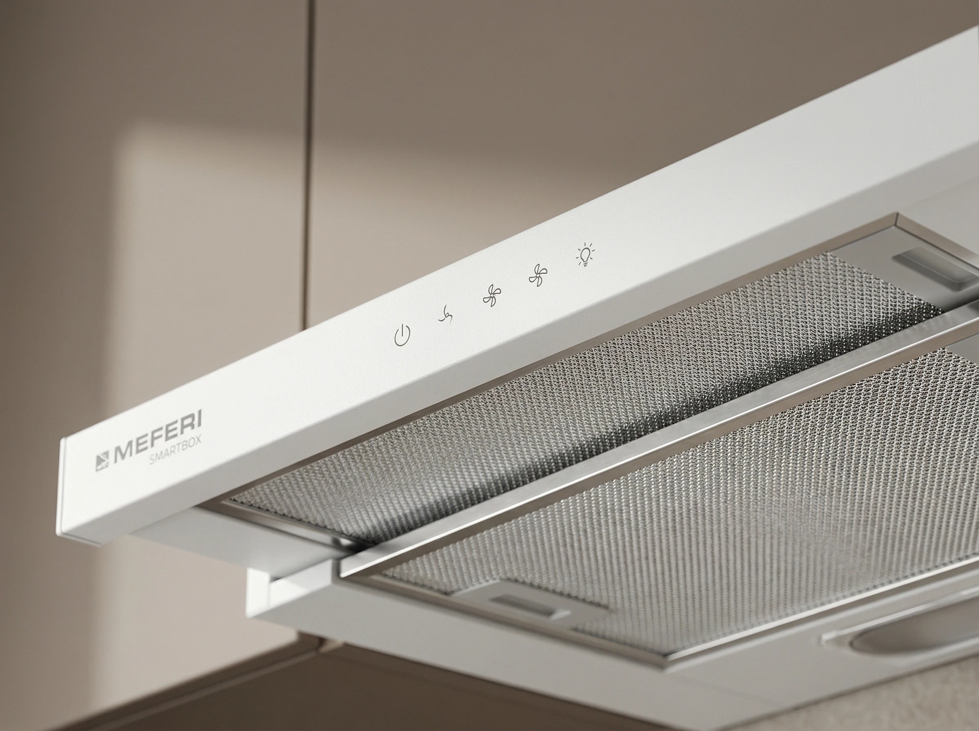Meferi Light SmartBox60WH белая встраиваемая вытяжка в интерьере светлой кухни