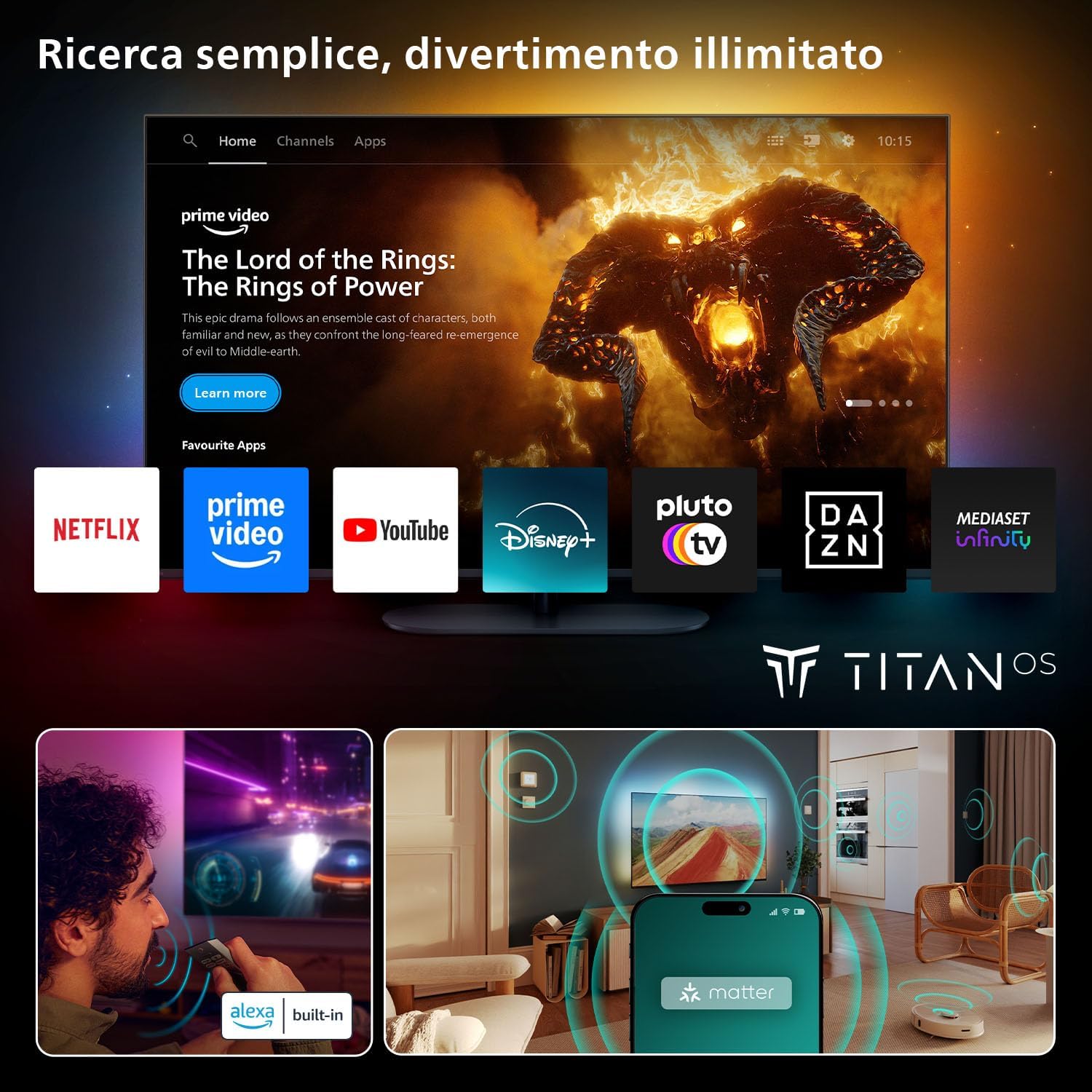 Philips 77OLED770 Smart TV интерфейс TITAN OS — Prime Video, Netflix, YouTube, Disney+ на главном экране