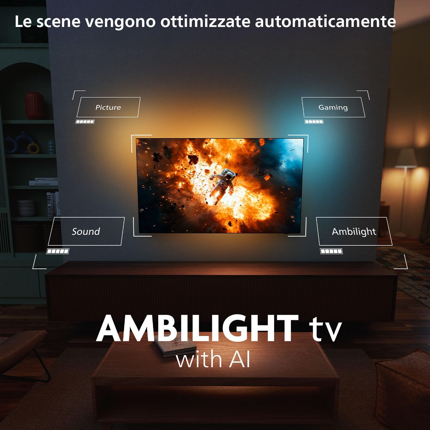 Philips 77OLED770 Ambilight с AI — автооптимизация режимов Picture, Gaming, Sound в интерьере