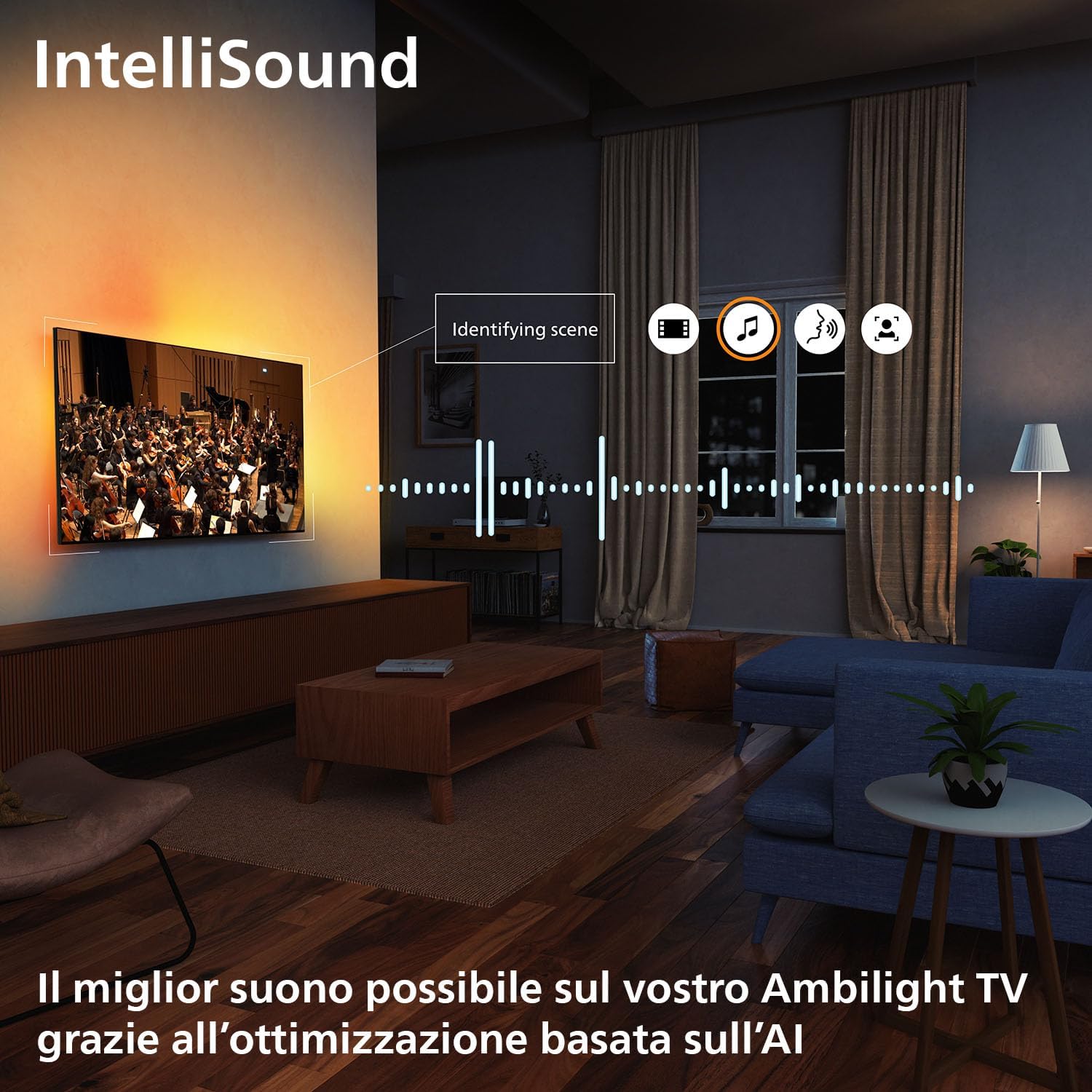 Philips 77OLED770 IntelliSound — режимы звука фильм, музыка, голос, люди в интерьере гостиной