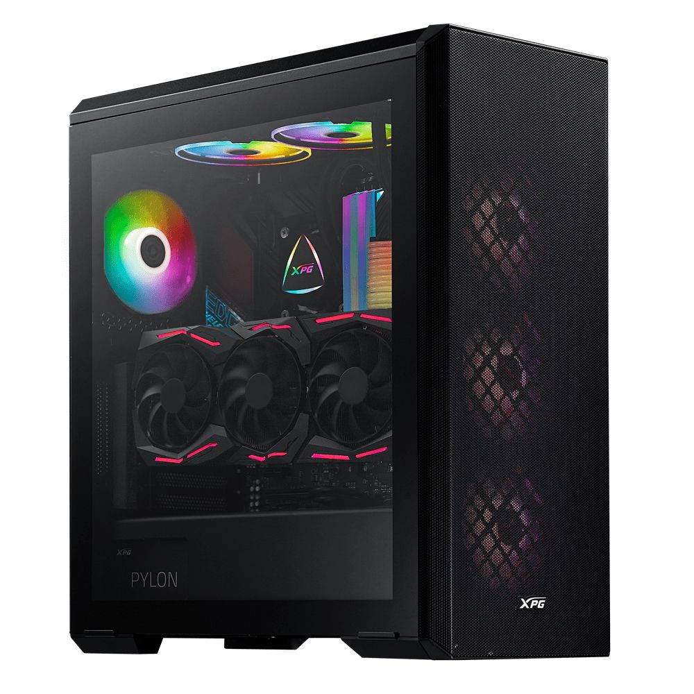 ADATA XPG DEFENDER BKCWW вид спереди с RGB-вентиляторами и прозрачной боковой панелью