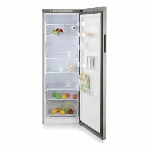 Бирюса B-M6143 серый металлик однокамерный холодильник открытая дверь с продуктами на полках