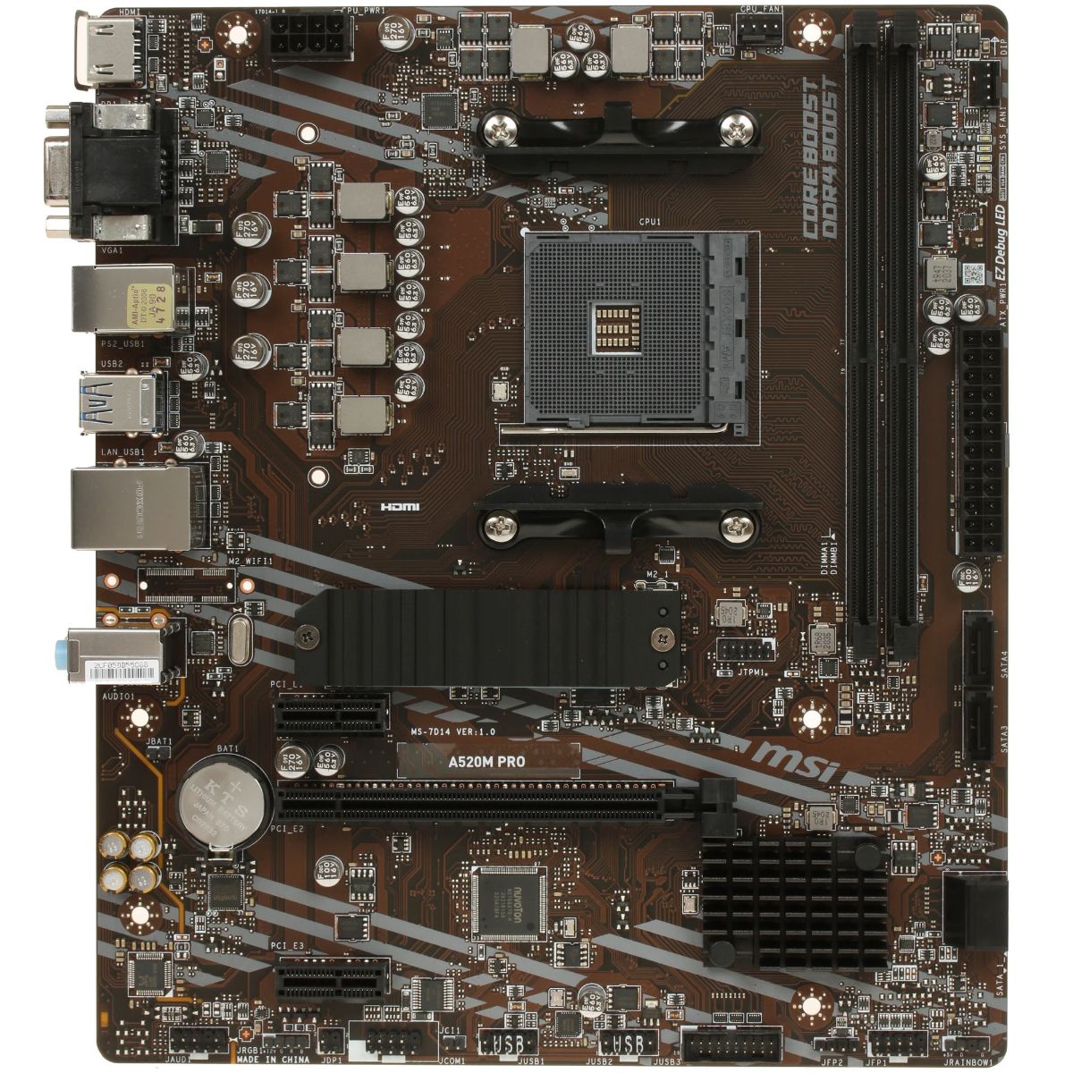 MSI A520M Pro вид сверху — сокет AM4, слоты DDR4, разъёмы задней панели