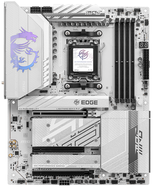 MSI MPG B850 Edge Ti WiFi вид сверху — процессорный сокет AM5, слоты DDR5 и компоновка платы