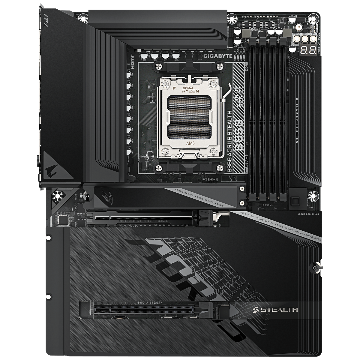 Gigabyte B850 Aorus Stealth прямой вид платы — сокет AM5, слоты DDR5, разъём PCIe 5.0 x16