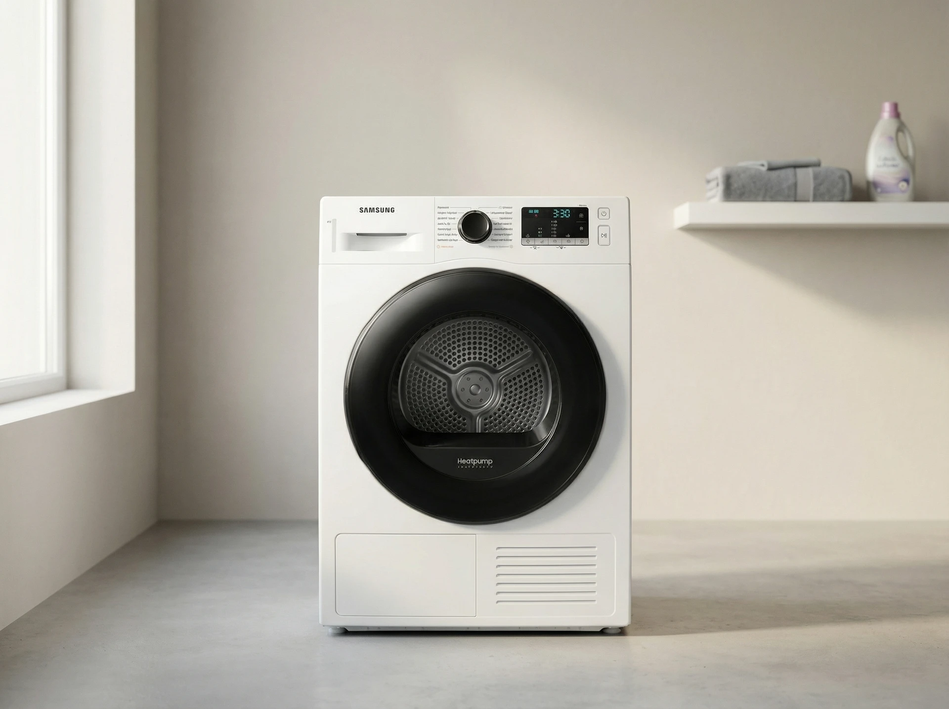 Samsung DV90TA040AE в интерьере современной прачечной комнаты