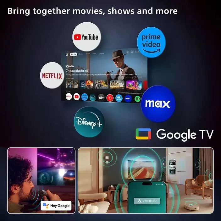 Philips 55OLED820 интерфейс Google TV с каталогом приложений и голосовым управлением Hey Google