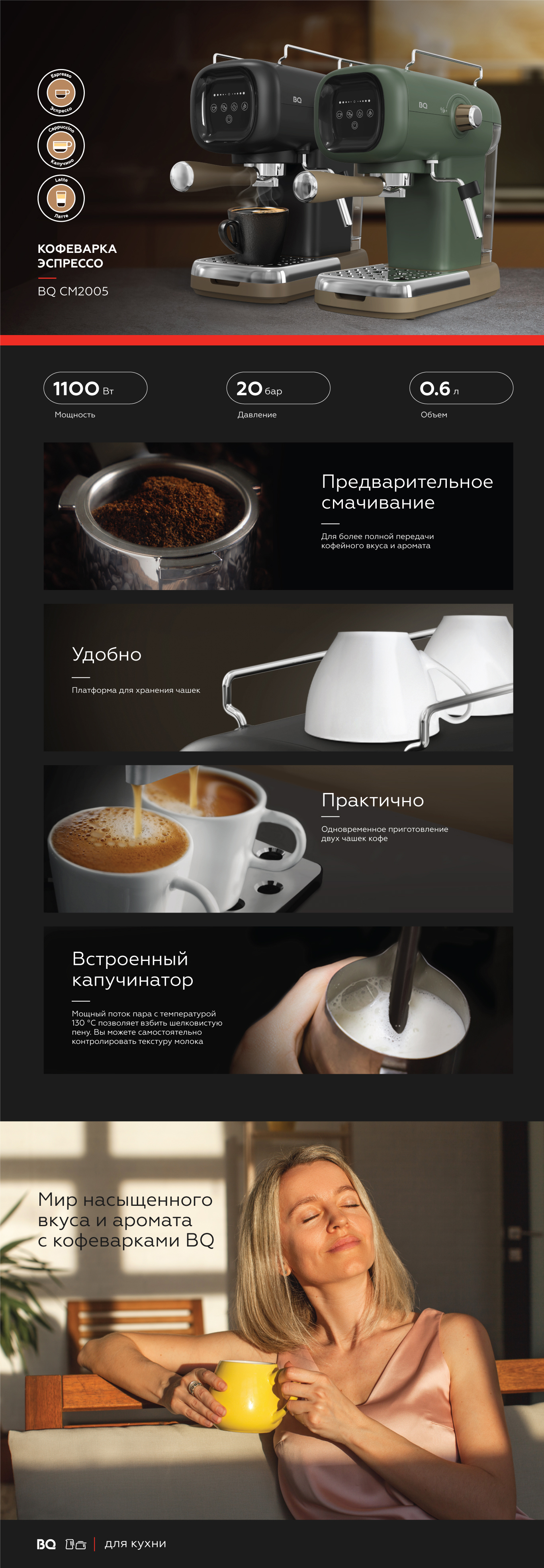 BQ CM2005 рожковая кофеварка черный — вид спереди, функции и lifestyle