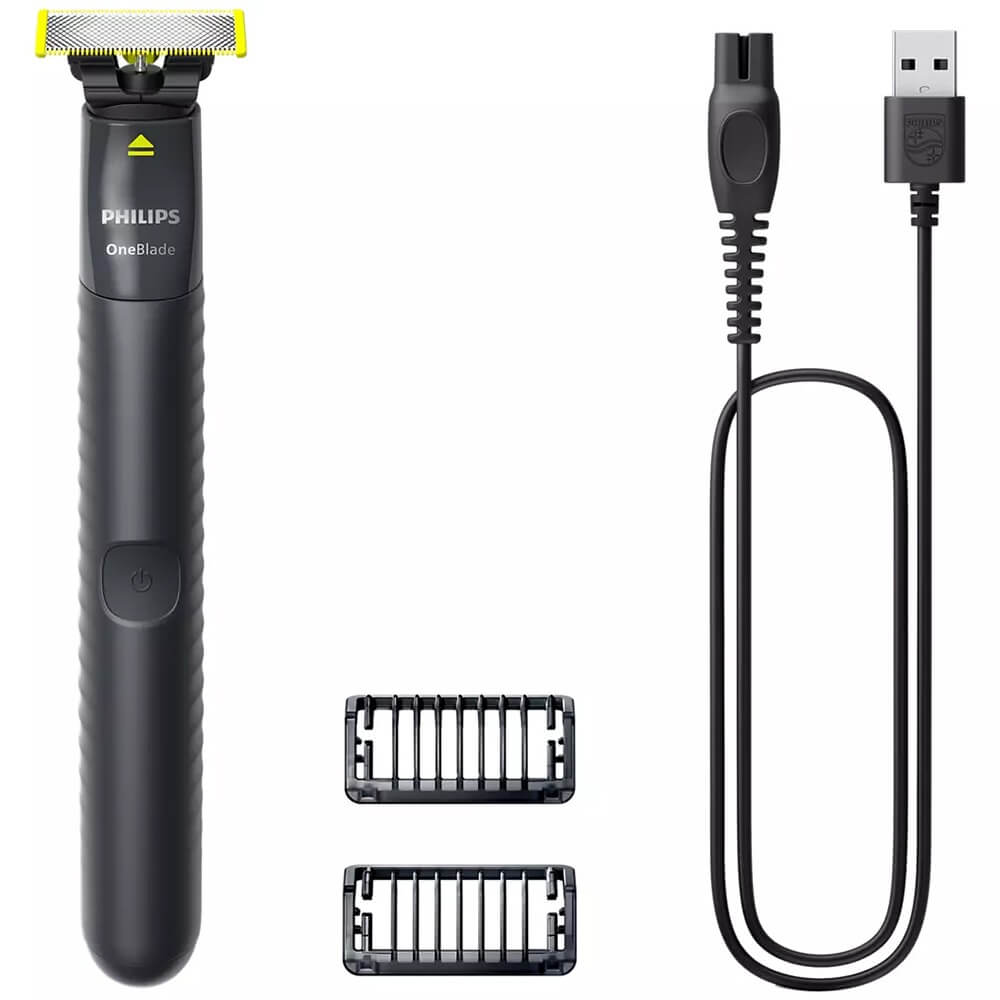 Philips QP1424/10 комплектация &mdash; триммер, сменные насадки и USB-кабель