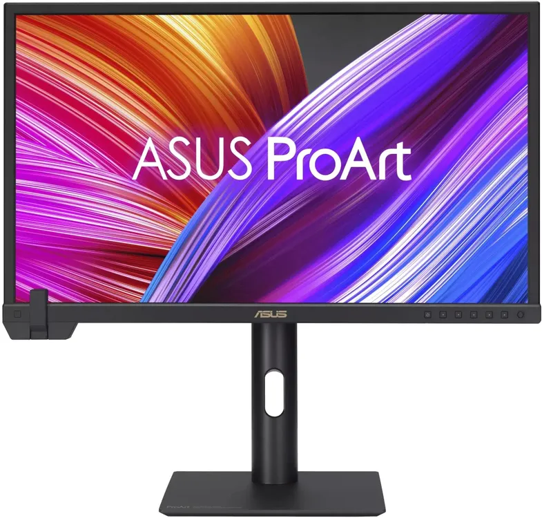 ASUS ProArt PA24US вид спереди на подставке с регулировкой высоты, экран с демонстрацией цветовой гаммы