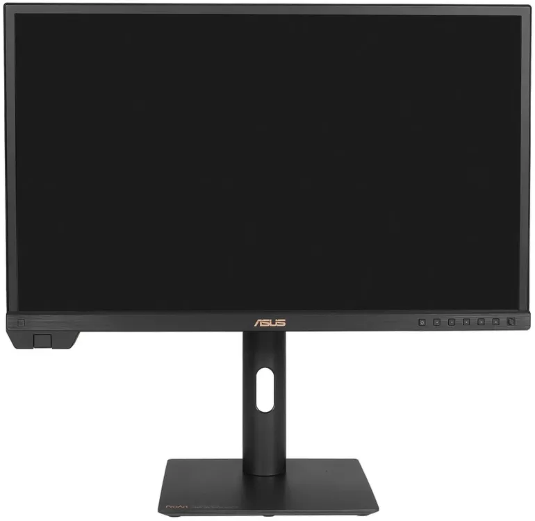 ASUS ProArt PA24US вид спереди с чёрным экраном, кнопки управления снизу панели