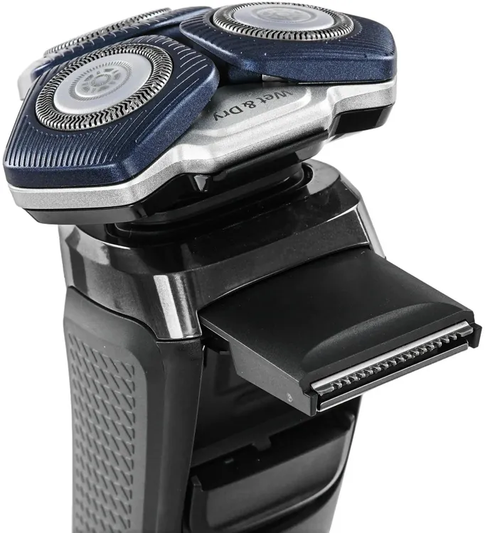 Philips S7886/35 боковой профиль с раскрытым триммером, компактная форма корпуса