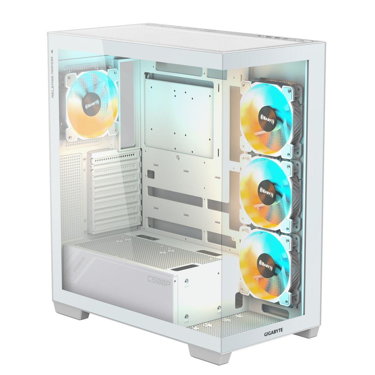 Gigabyte C500 PANORAMIC STEALTH ICE вид в три четверти с открытой боковой панелью, ARGB вентиляторы и кабельная разводка