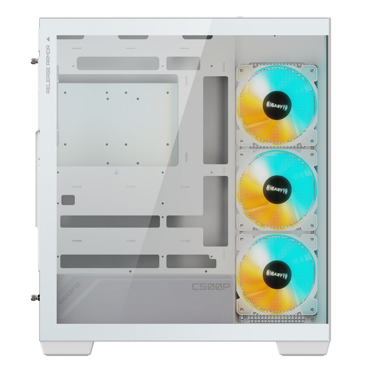 Gigabyte C500 PANORAMIC STEALTH ICE вид спереди с открытой фронтальной панелью, три ARGB вентилятора с подсветкой внутри корпуса