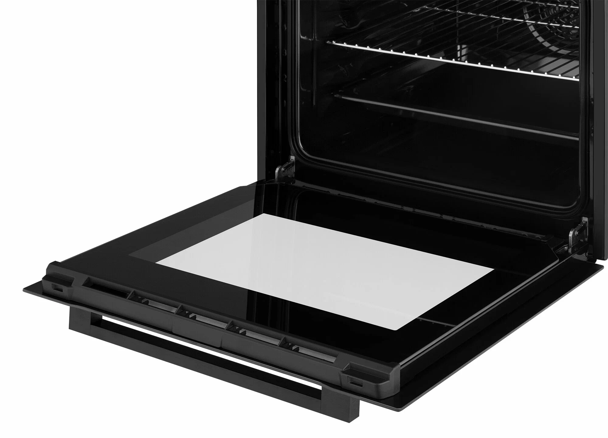 Hiberg VM 4260 B открытая духовка с откидной дверцей вниз, видны внутренние направляющие и нагревательные элементы