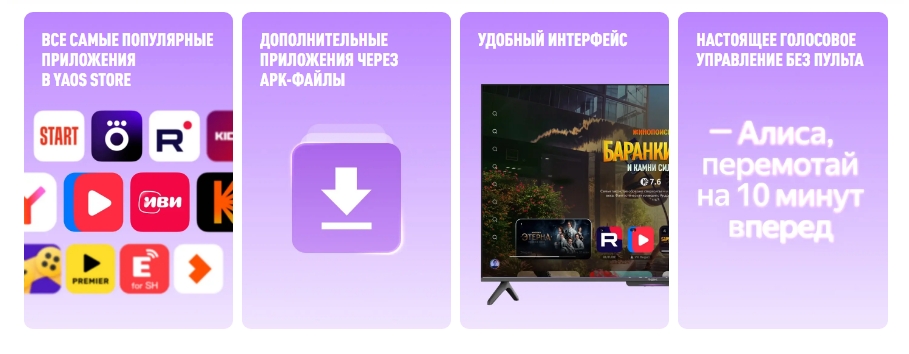YaOS Store, установка APK и голосовое управление Алисой на Яндекс ТВ Станция Про 65 — интерфейс приложений и контента