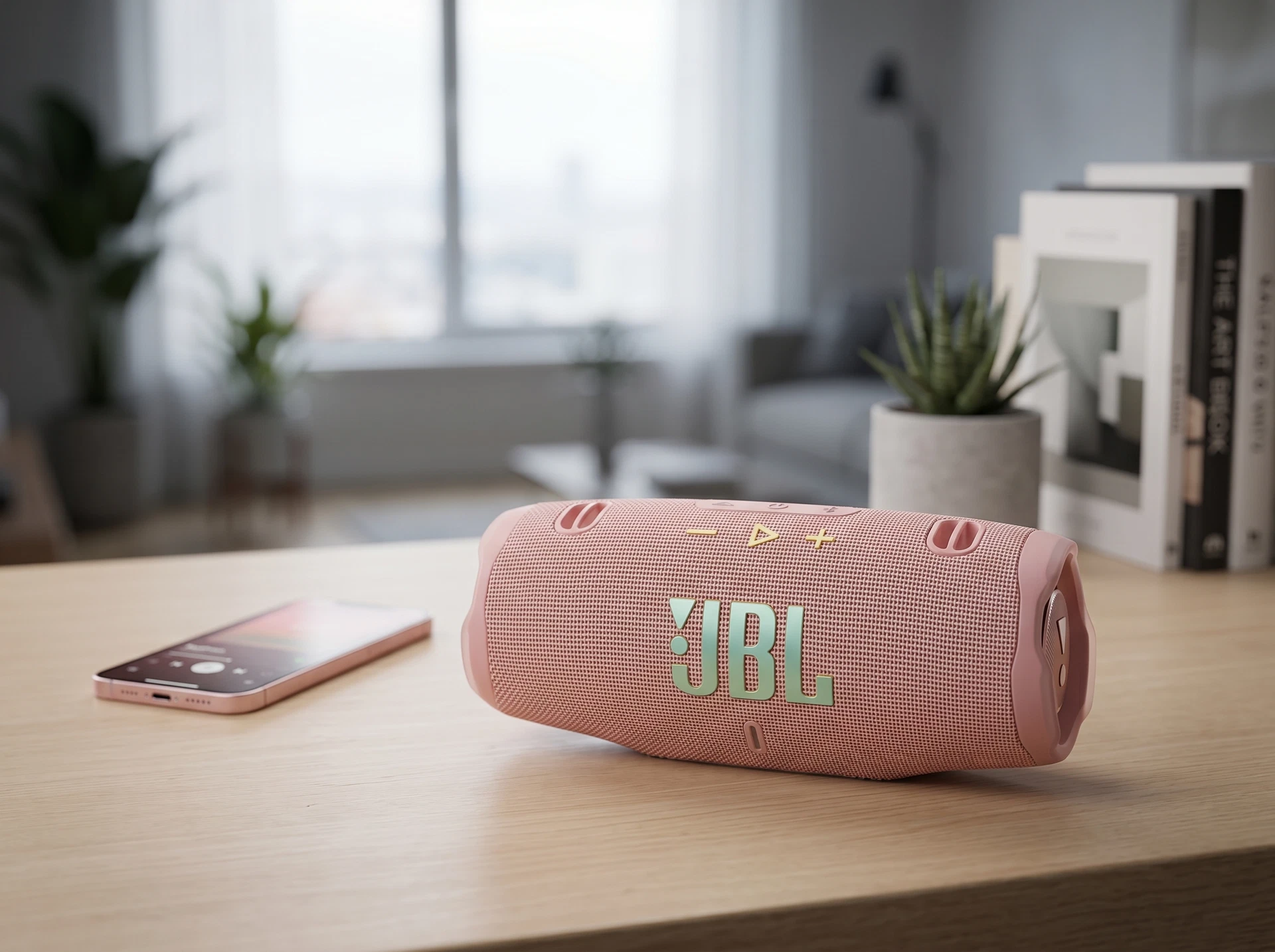 JBL Charge 6 розовый в интерьере — компактная колонка на столе у окна