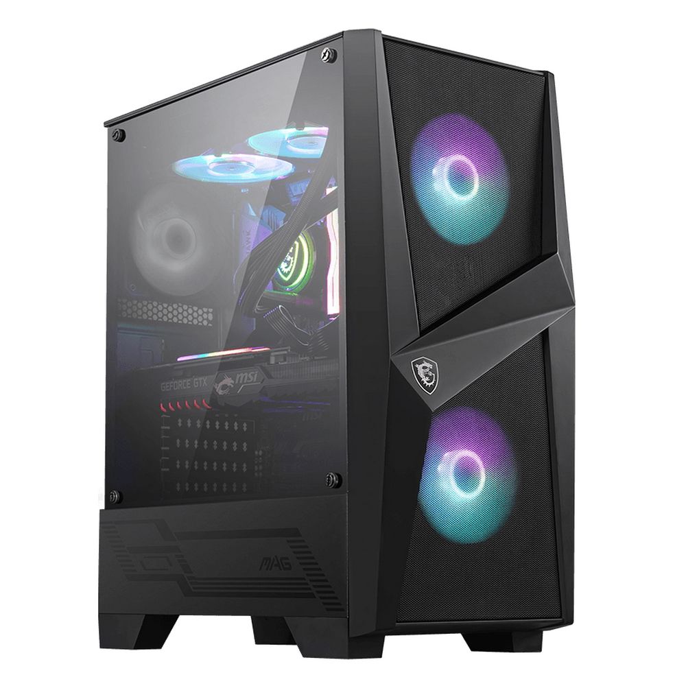 MSI MAG FORGE 100R вид спереди с двумя ARGB вентиляторами и прозрачной боковой панелью