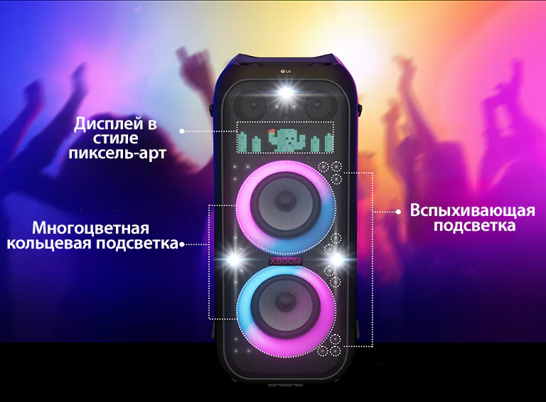 Вид спереди на колонку. Для каждой части подсветки есть своя линия. Сверху расположен дисплей в стиле пиксель-арт, на котором изображен персонаж кактуса. В центре — розовая и голубая градиентная многоцветная кольцевая подсветка. А по всей колонке распространяется вспыхивающая подсветка.