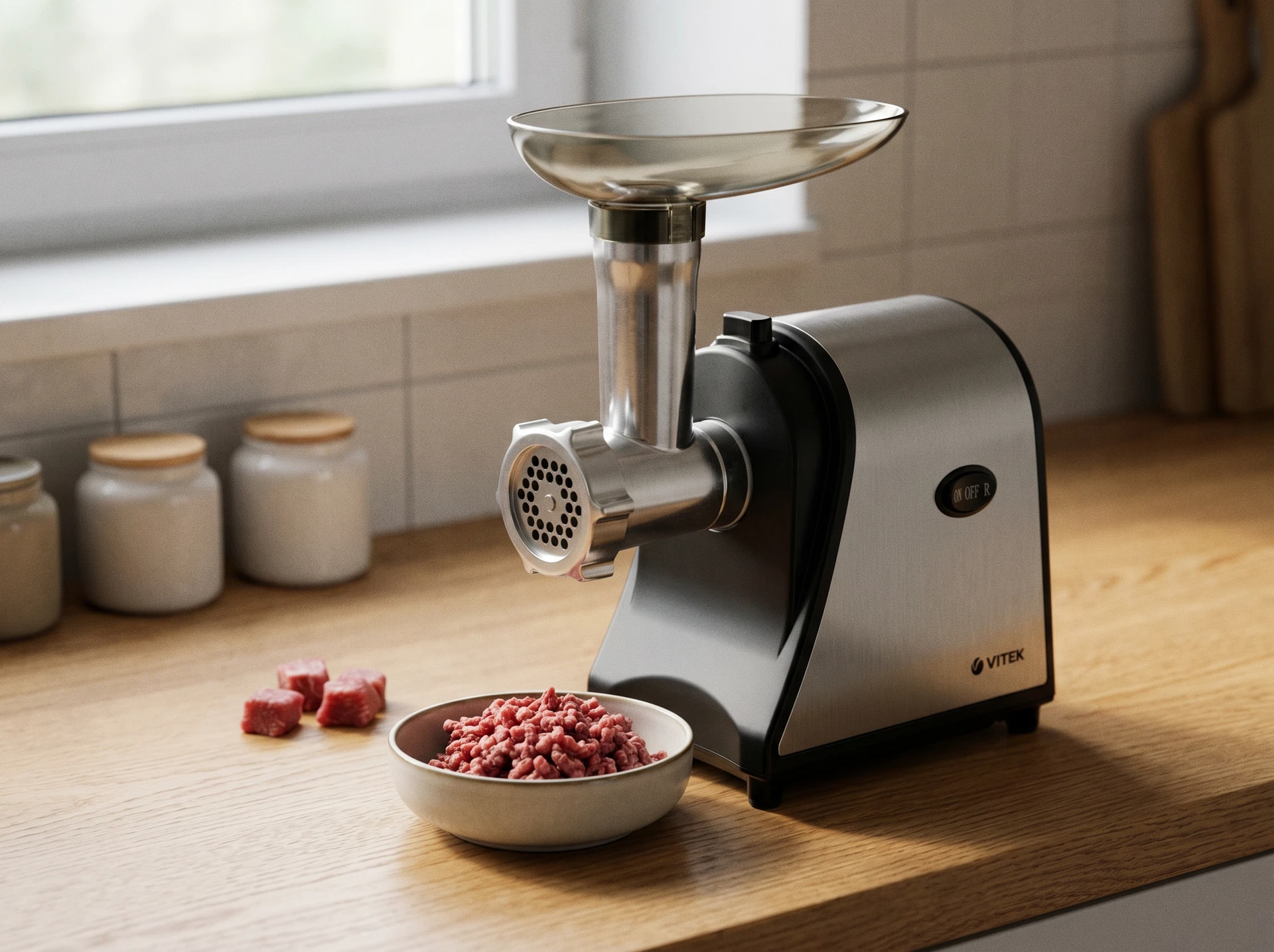 Vitek VT-3636 серая мясорубка на кухонной столешнице