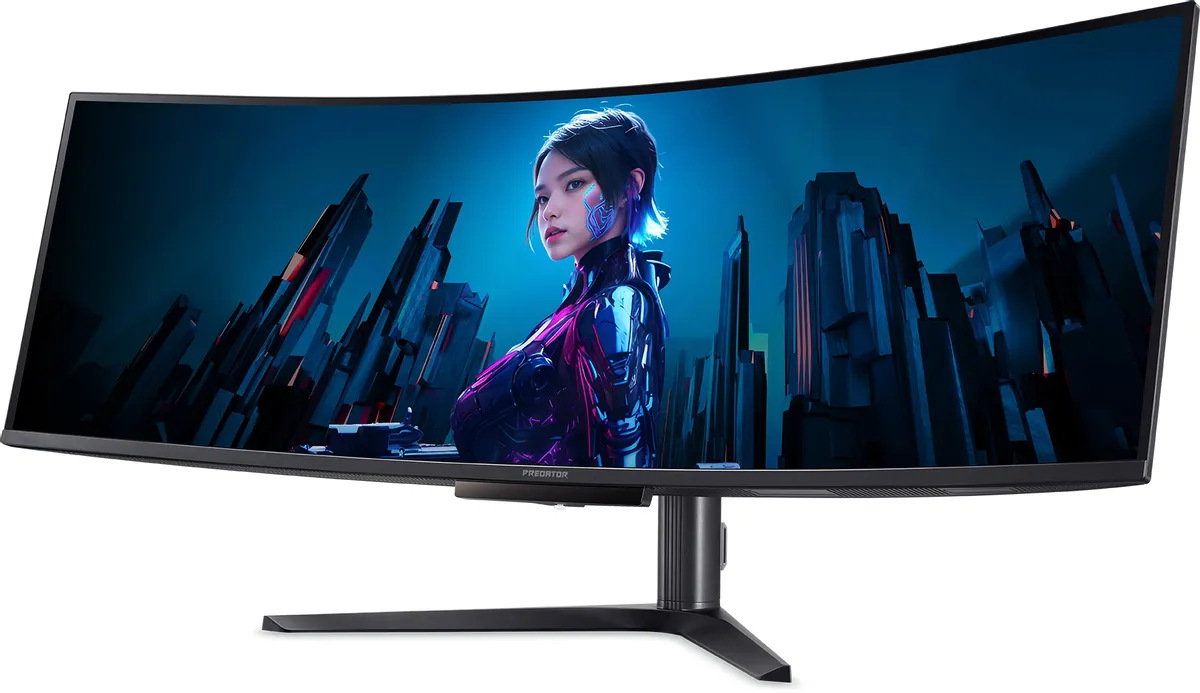 Acer Predator X49Vbmiiphuzx изогнутый экран с цветопередачей в синих и пурпурных тонах — демонстрация QD-OLED-качества